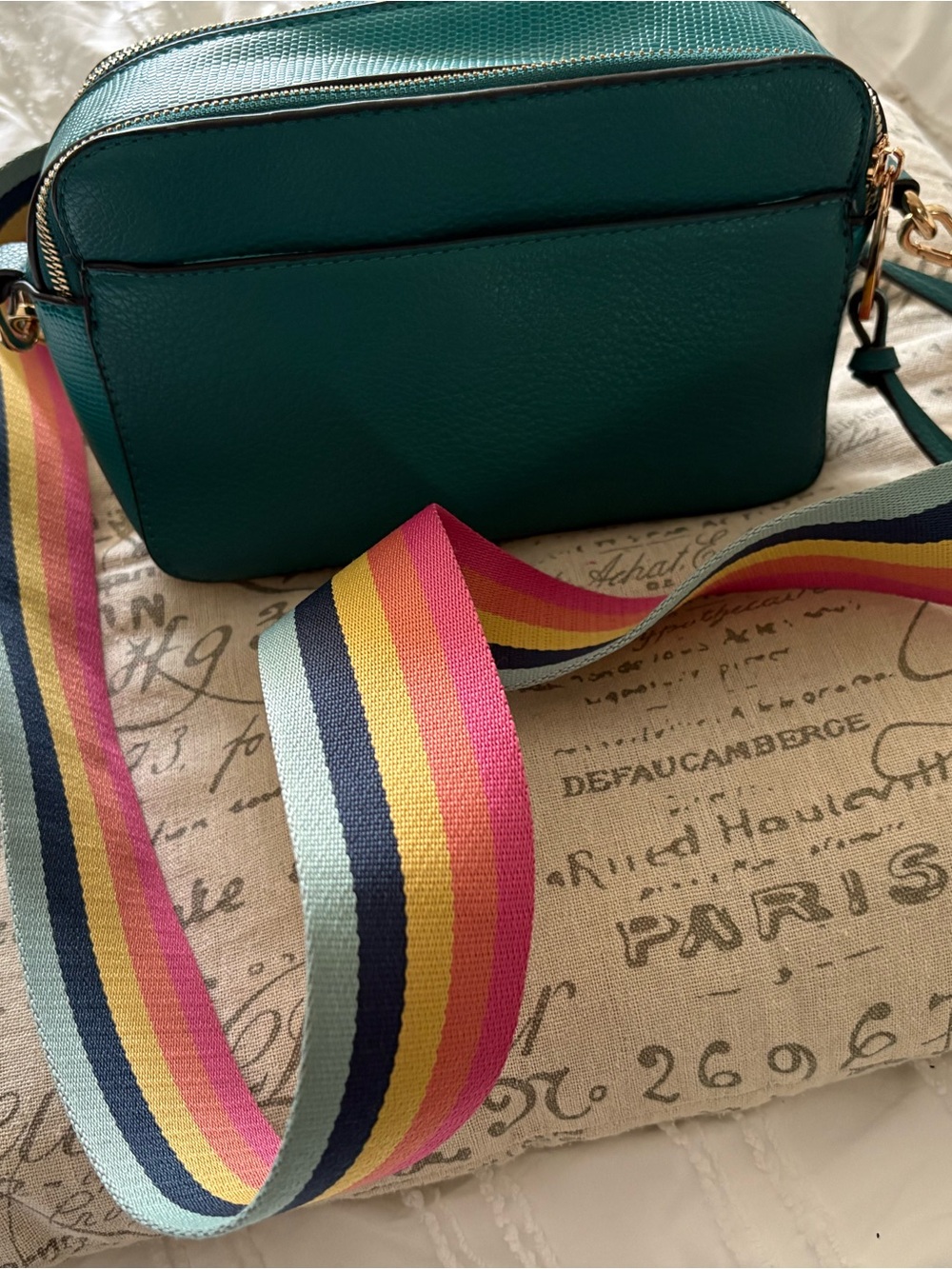 Sondra Roberts Squared: Teal Crossbody Bag w/ Wide Rainbow-Stripe Strap